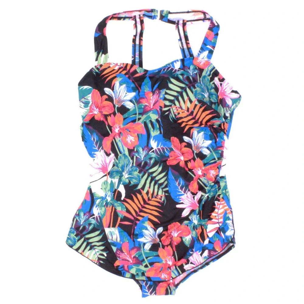 Swim 365 Tropical Floral Sarong Front One Piece Swimsuit Plus Size 24 H14334 - Picture 3 of 12